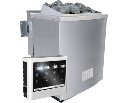 Saunakachel met stenen en bedieningspaneel