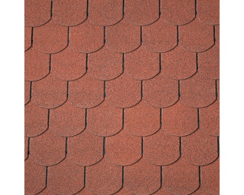 PRECIT Bitumen dakshingles beverstaart rood Close-up van bitumineuze dakshingles in beverstaartmotief voor dakbedekking