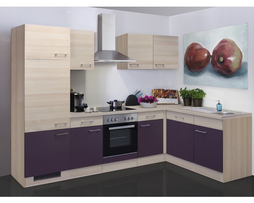 FLEX WELL Hoekkeuken met apparatuur Focus acacia en aubergine mat 280x170 cm