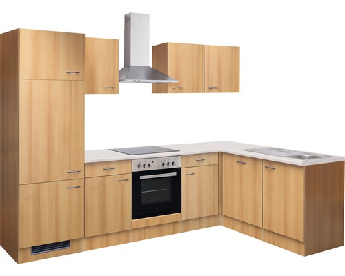 Keukenopstelling met spoelbak, kookplaat, oven, afzuigkap en bovenkasten.