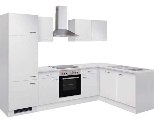 Complete witte inbouwkeuken met spoelbak, kookplaat, oven, afzuigkap en kasten