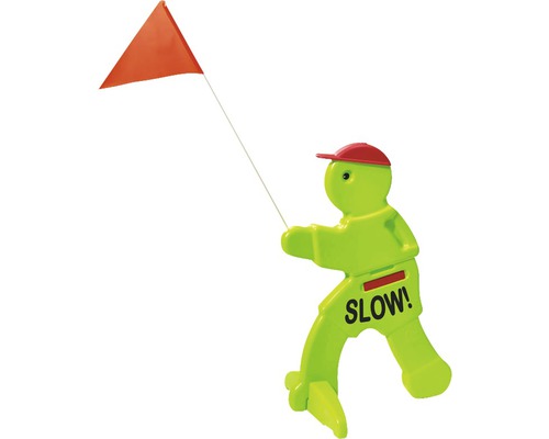 Verkeersveiligheidsteken in de vorm van een figuur met rode vlag en het opschrift ''Slow!''