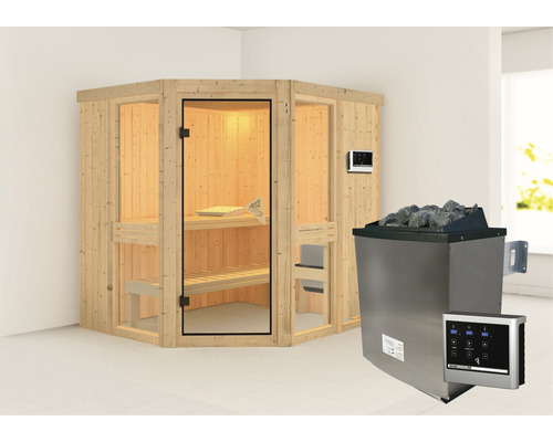 Houten sauna met kachel en bediening