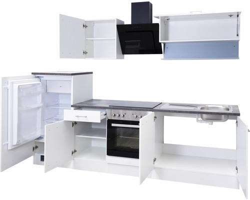 Keukenblok met koelkast, spoelbak, kookplaat, oven en afzuigkap