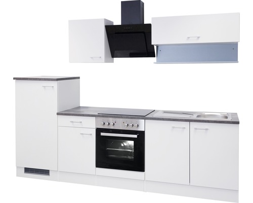 Keukenblok met onderkasten, spoelbak, fornuis en afzuigkap