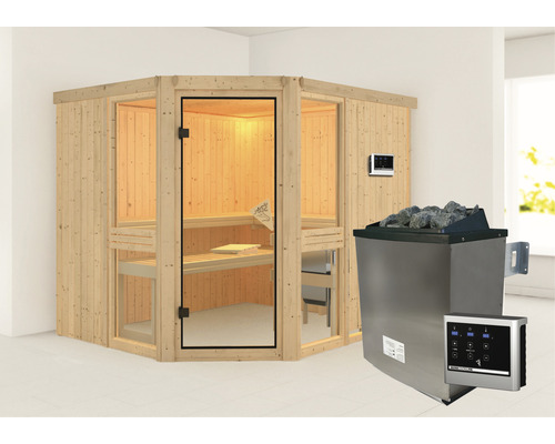 Houten hoeksauna met saunakachel en bediening