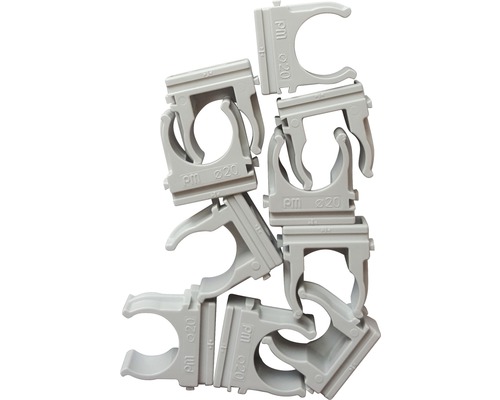 Meerdere grijze buisklemmen van 20 millimeter gestapeld.