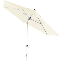 Rechthoekige tuinzweefparasol met metalen frame en lichte parasoldoek.
