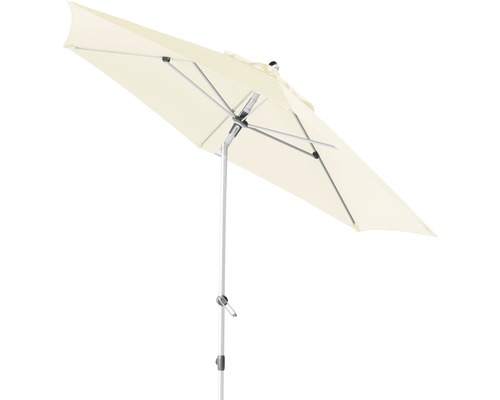 Rechthoekige tuinzweefparasol met metalen frame en lichte parasoldoek.