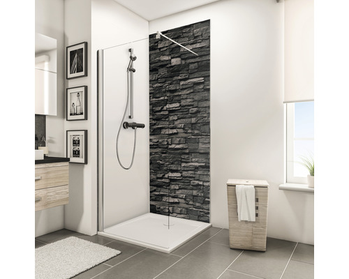 SCHULTE Douche achterwand 100x210 cm steenstrips donker Moderne badkamer met douchecabine, douchebak en wastafel