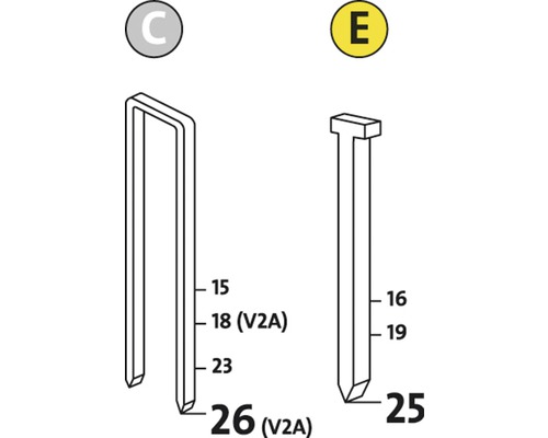 Afbeelding van nietje C en spijker E met maatgegevens