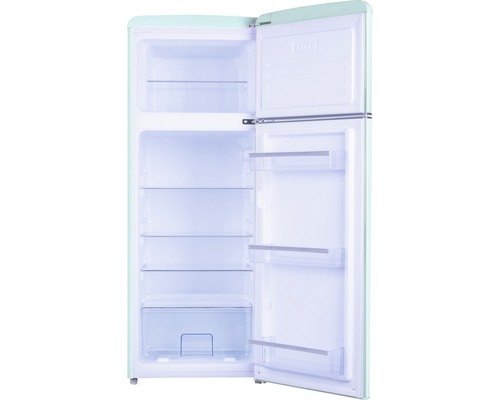 Geopende retro koelkast met compartimenten