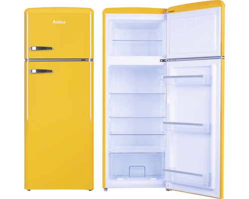 Amica koelkast in retrodesign, aanzicht van buiten en met open deur