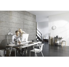 Inrichting van een kantoor met een betonbehang, een bureau en stoelen