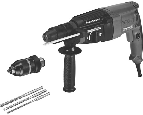 Boorhamer met boorkop, handgreep en drie boren