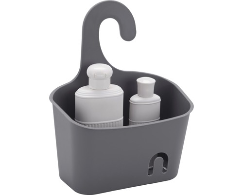 Grijze douchekorf met twee shampooflessen