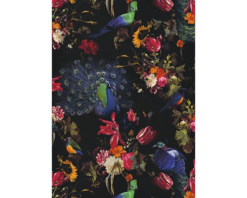 Stofpatroon met pauwen, tropische vogels en bloemen Stofpatroon met pauwen, tropische vogels en bloemen
