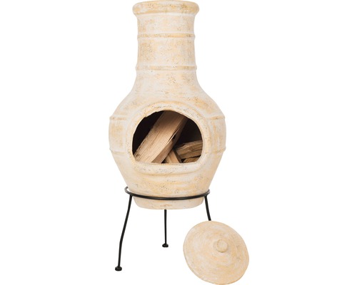 Terrashaard van terracotta met hout en metalen standaard