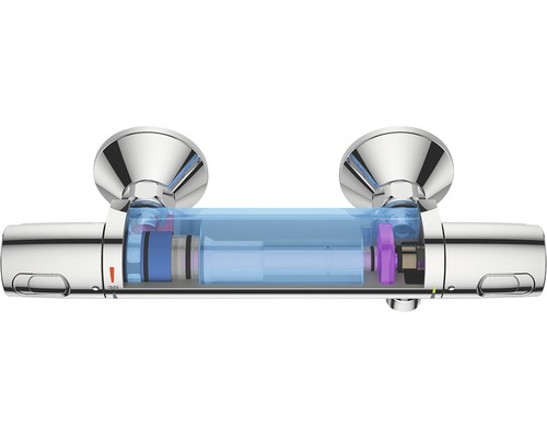 Doorsnede van een thermostatische douchekraan om de binnenkant te laten zien.