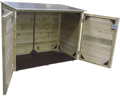 Open houten gereedschapsschuur met twee deuren