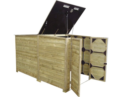 Houten afvalbakombouw met open deksel en deuren