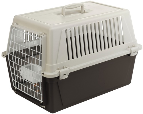 Huisdiertransportbox met metalen deur en ventilatiesleuven.