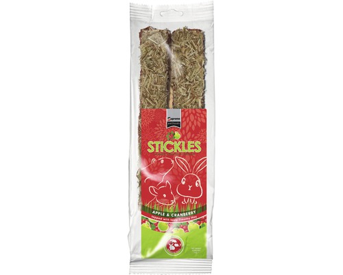 TINY FRIENDS FARM Hamstervoer sticks apple/cranberry 100 g Supreme Petfoods Stickles appel cranberry knaagdierensnack in verpakking