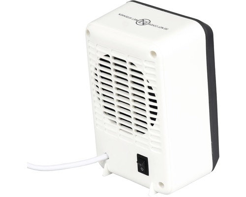 Achteraanzicht van een elektrische kachel voor binnenshuis met aan/uit-schakelaar en waarschuwingssymbool voor hete oppervlakken