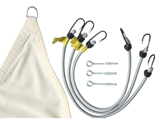 Driehoekig zonnescherm met spanbanden en oogschroeven voor bevestiging