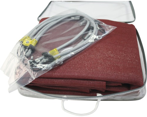 Zonnescherm met spankabels in transparante draagtas