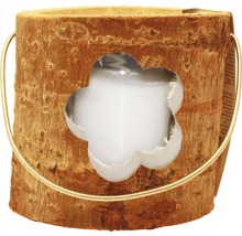 Houten windlicht met bloemuitsparing en metalen handvat