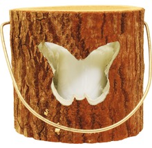 Bloempot van hout met vlinderuitsparing en metalen beugel