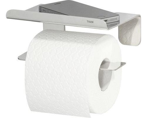 Toiletpapierhouder met plank en smartphone op de plank