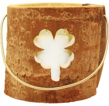 Houten windlicht met klaverbladmotief en handvat