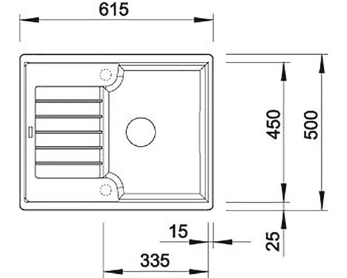 Technische tekening van een rechthoekige wasbak met maatvoering.