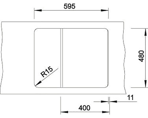 Technische tekening van een spoelbak met afmetingen