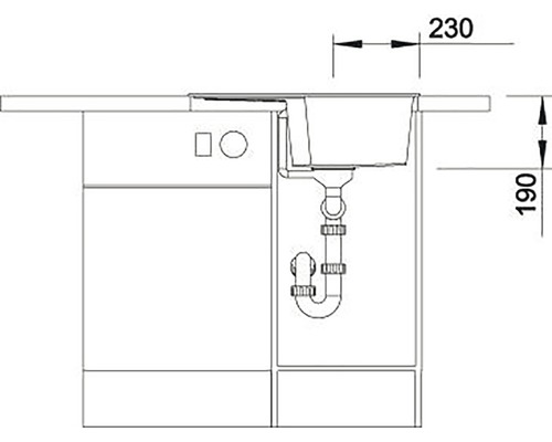 Technische tekening van een spoelbakonderkast met gootsteen en afmetingen