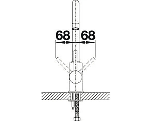 Tekening van een kraan met maataanduidingen voor het installatiegebied