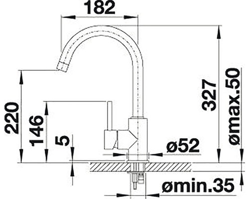 Technische tekening van een keukenkraan met afmetingen.