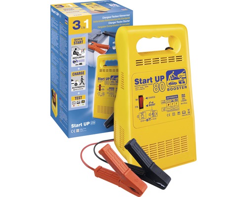 Acculader en starthulp met laadklem en verpakking