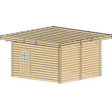 Illustratie van een houten tuinhuis met deur en ramen