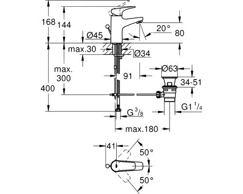 Technische tekening van een wastafelkraan met afmetingen