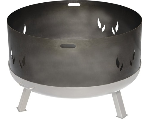 Stalen vuurschaal met vlammenpatroon en drie poten