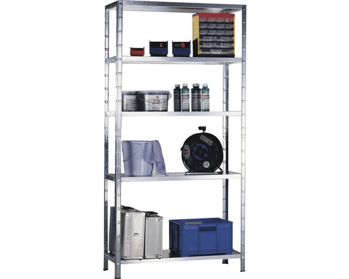 Stellingkast met vijf niveaus en diverse werkplaatsbenodigdheden