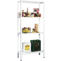 Witte stellingkast met vier niveaus, gevuld met eten en drinken