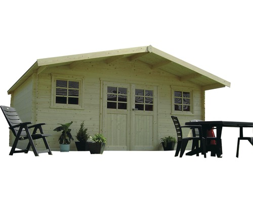 Houten tuinhuis met ramen en dubbele deur plus tuinmeubilair