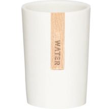 Witte tandenborstelbeker met houten applicatie en het woord Water