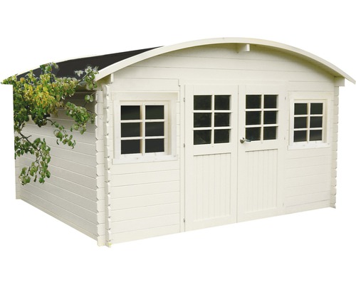 Houten tuinhuis met ramen en dubbele deur