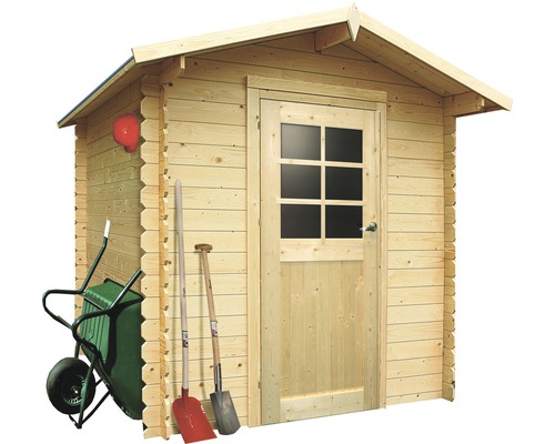 Houten tuinhuis met deur, ramen en tuingereedschap