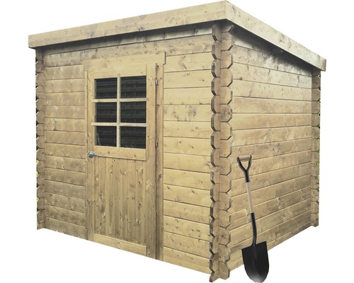 Houten tuinhuis met deur, raam en schep